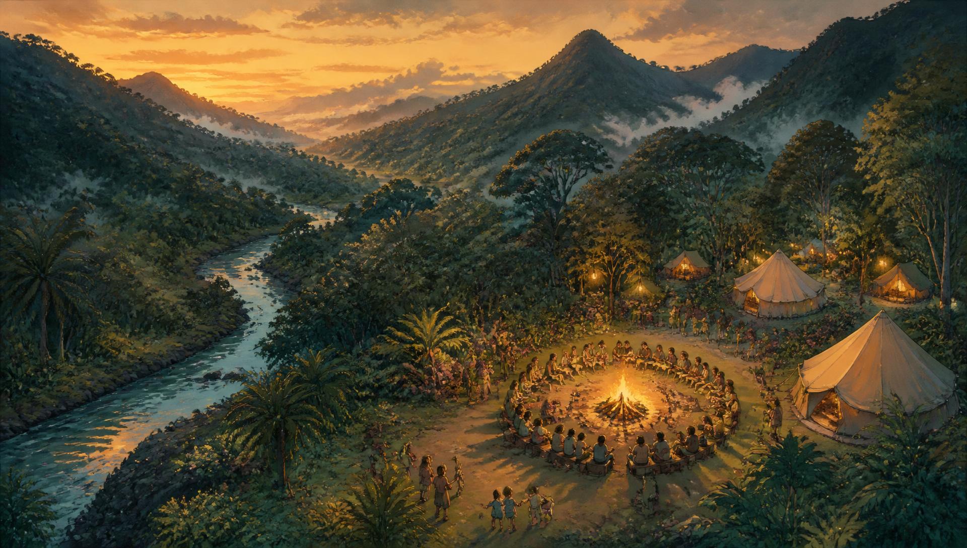 Hand-painted illustration of a fire song circle in the valley at twilight